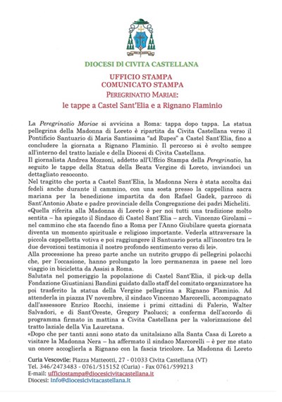 Ufficio Stampa - Peregrinatio Mariae: le tappe a Castel Sant'Elia e a Rignano Flaminio